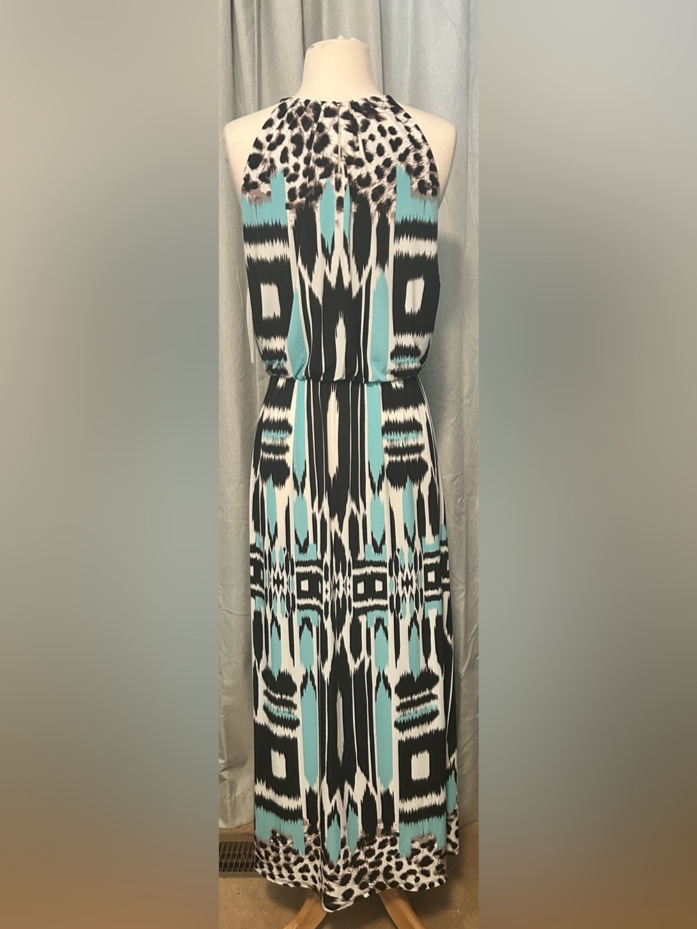 London Style Collection Aqua Black, White & Aqua Printed Halter Maxi Dress - Picture 2 of 10